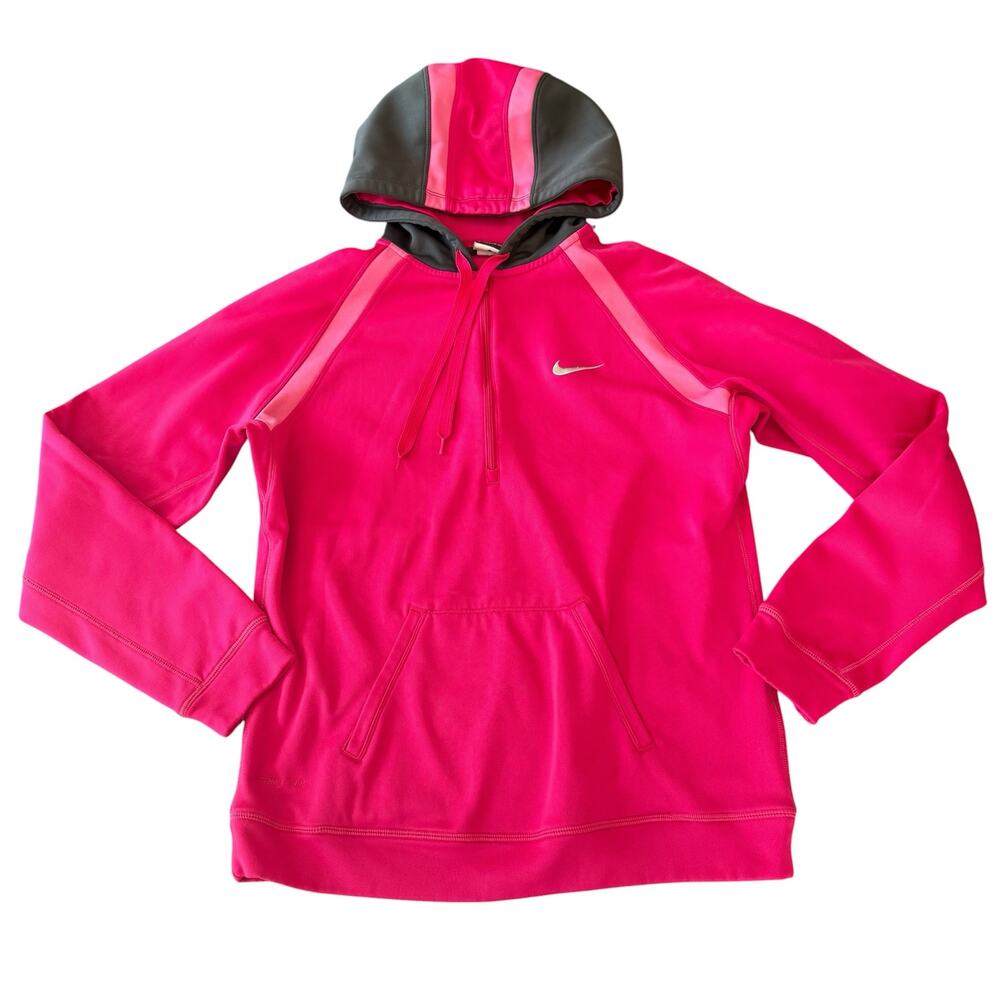 Nike Women's two-tone pink stripe hoodie with dark gray, half zip, therma-fit M